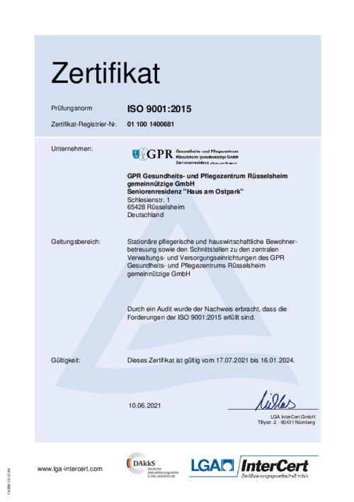 Zertifikat Seniorenresidenz